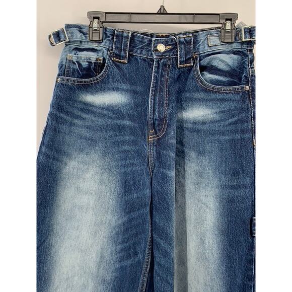 BERSHKA Women's Blue Denim Baggy-Fit Distressed Carpenter Straight-Leg Jeans SZ6 - Picture 5 of 10